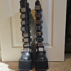 Demonia Trinity Black Platform Boots with Silver Buckles